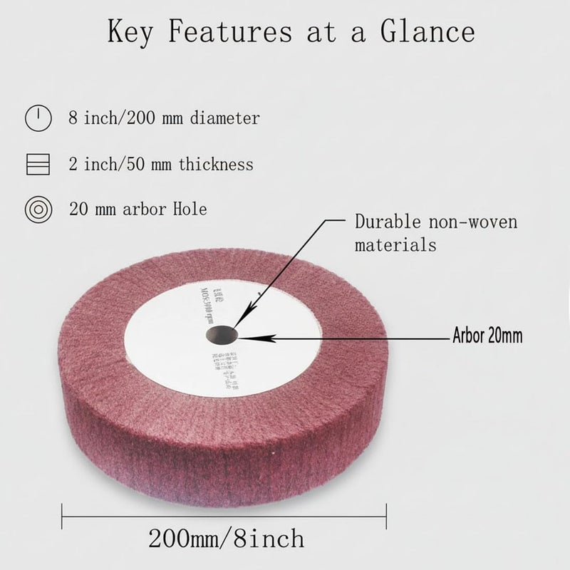 JUNLIXN 8'' X 2'' Extra Thick Non-Woven Polishing Wheels 320 Grit Nylon Wire Drawing Abrasive Buffing Flap Wheels for Die/Bench Grinder (Red) - Image 2